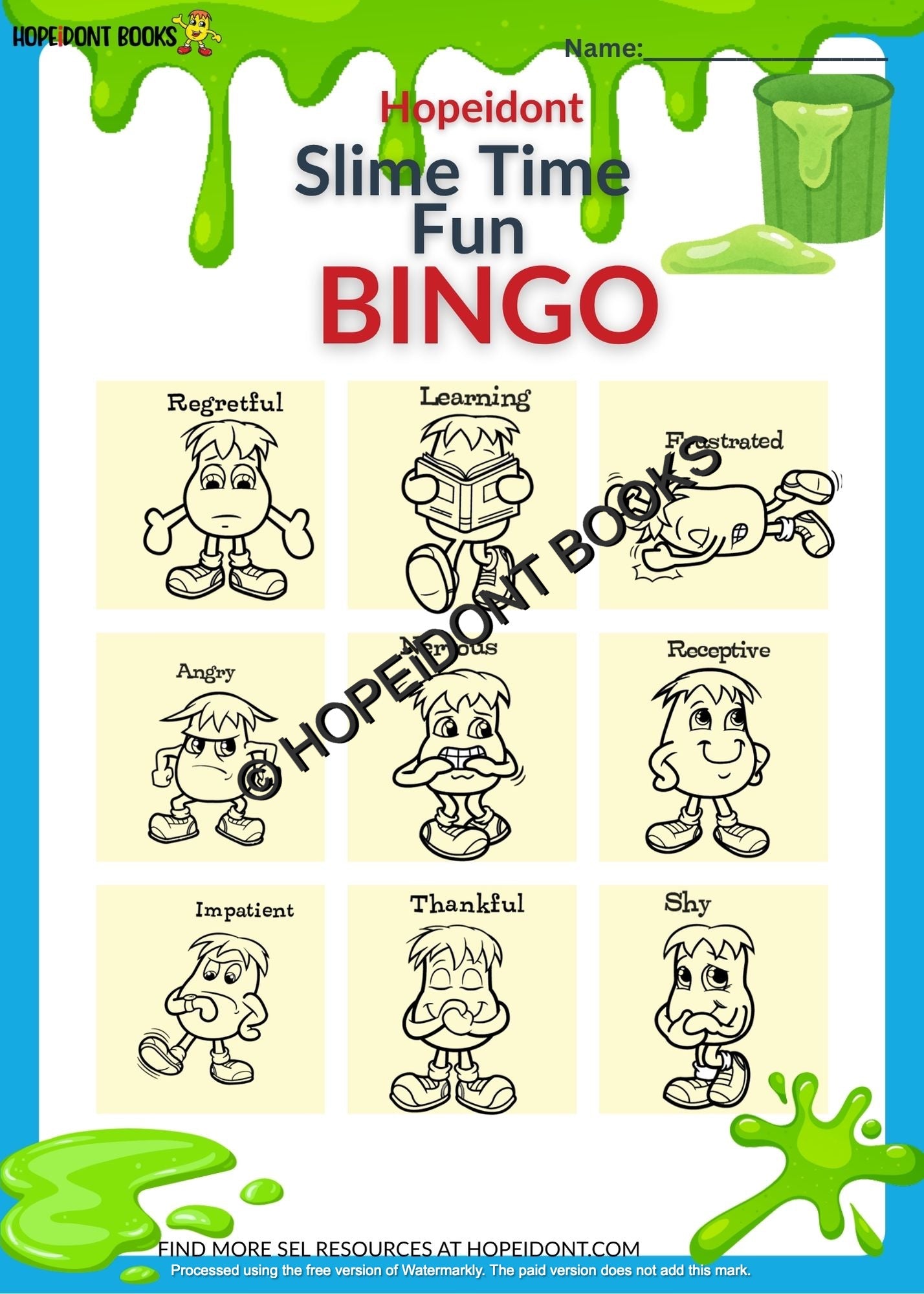 SLIME TIME FUN BINGO AND COLORING FUN (FEELINGS BINGO)